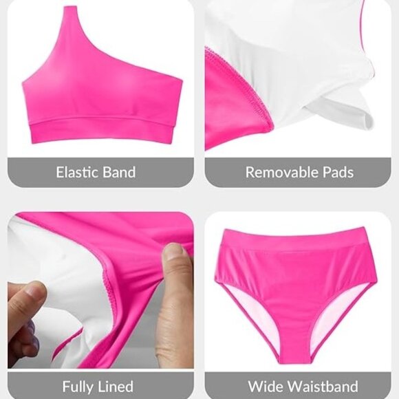 HOT PINK One Shoulder High Waisted Bikini 2 Piece Tummy Control NEW Womens Small - Picture 5 of 11